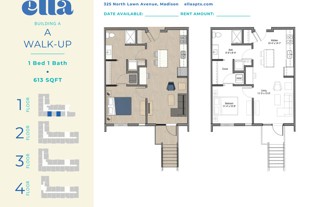 1 bed, 1 bath, 613 sqft, $1,545, Unit A114