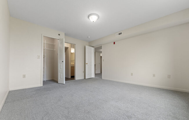 primary bedroom with walk in closet and bathroom with walk in shower at Hunters Pond Apartment Homes, Champaign, Illinois