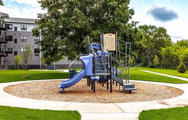 a playground with a blue slide