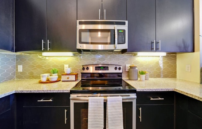 a kitchen with black cabinets and a stove and a microwave at South Side Flats, Dallas, 75215