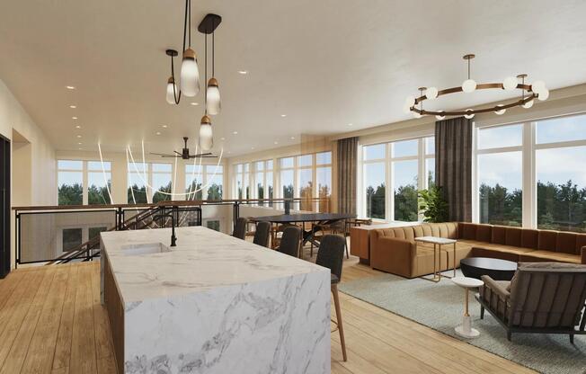 2nd-floor rooftop lounge at Modera Shoreline apartments features a demonstration kitchen, dining area, and comfortable seating.
