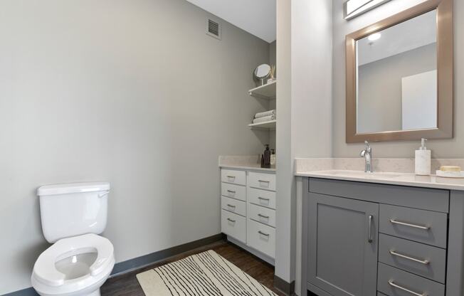 a bathroom with a toilet sink and mirror