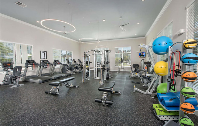 A spacious gym with a variety of equipment including treadmills, weights, and exercise balls.