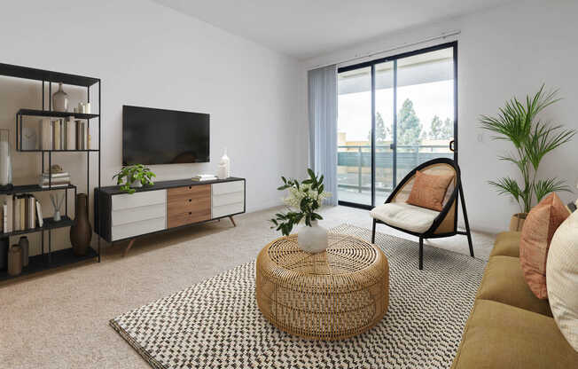 Carpeted Living Room with Balcony