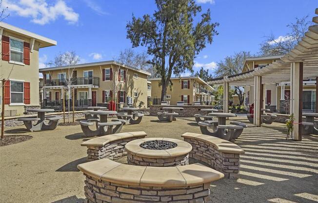 Blue sky and firepit at Parkside Apartments, Davis, CA