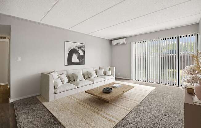 Model Living Room with Carpet and Patio Accessibility at Elevate on Parkway Apartments, Burnsville, MN