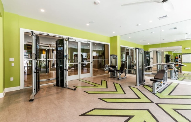 Weight machines, wood-style floors, and ceiling fans