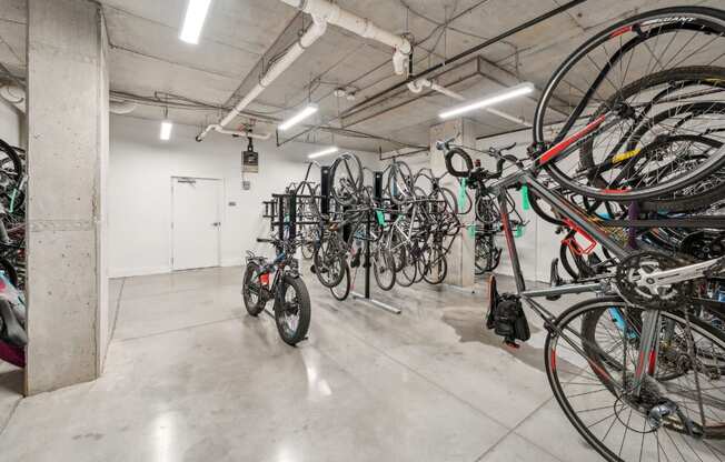 A bike shop with many bicycles on display.