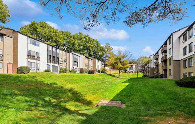 A row of apartment buildings with a green lawn in front.