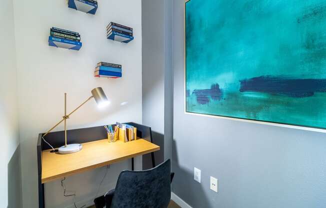 a desk with a lamp and a painting on the wall