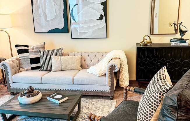 a living room with a couch and a coffee table