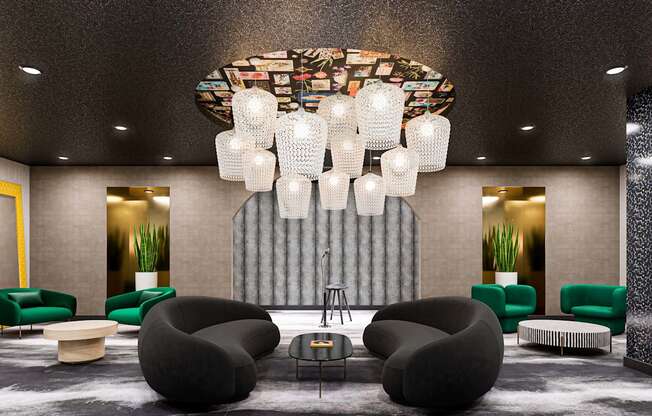 A modern lounge area with a large chandelier and comfortable seating. at Elements Apartments*, Irvine, CA, 92612