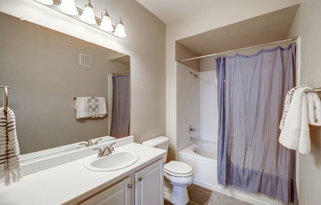 Bathroom with large vanity and lots of counter space, tub and shower combination, wood flooring