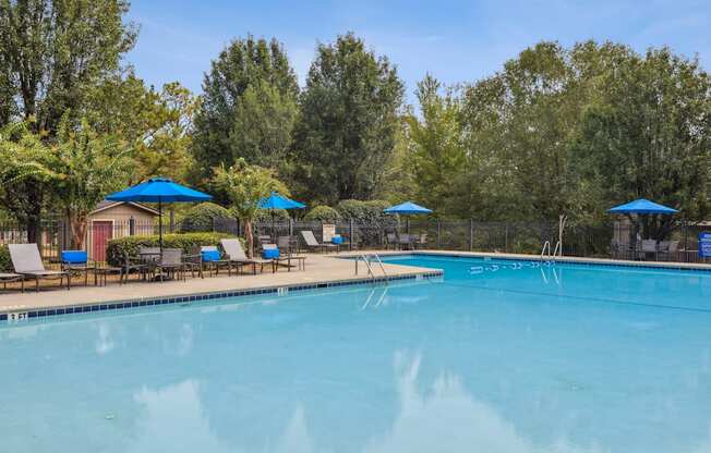 a swimming pool with chairs and umbrellas at the resort
