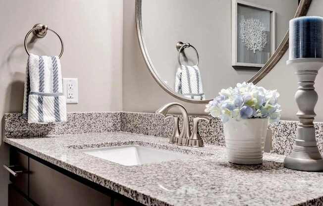 a bathroom sink with a mirror and a vase with flowers. Circle Pines, MN Lexington Lofts