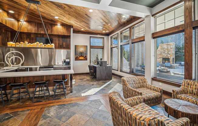 resident kitchen and mingle area at Berkshire Aspen Grove apartments