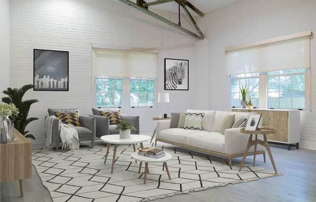 a living room with white walls and a geometric rug