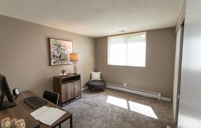 This is picture of the second bedroom in the 823 square foot 2 bedroom apartment at Aspen Village Apartments in the Westwood neighborhood of Cincinnati, OH.