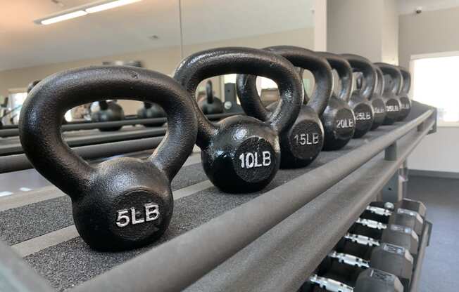 24 hour fitness center with kettlebells and dumbbells at the northbrook apartments in lincoln nebraska