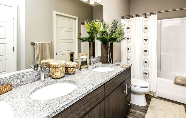 Large bathrooms with espresso cabinets at AXIS apartments in Papillion, NE