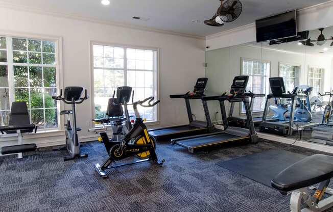 A home gym with a variety of equipment including treadmills, stationary bikes, and weights.