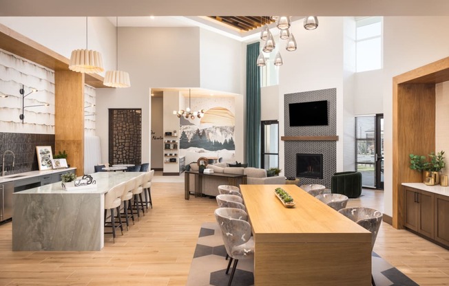 a living room with a dining room and a kitchen