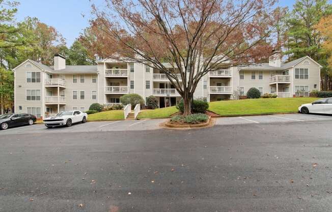 A tree with brown leaves is in front of a building.