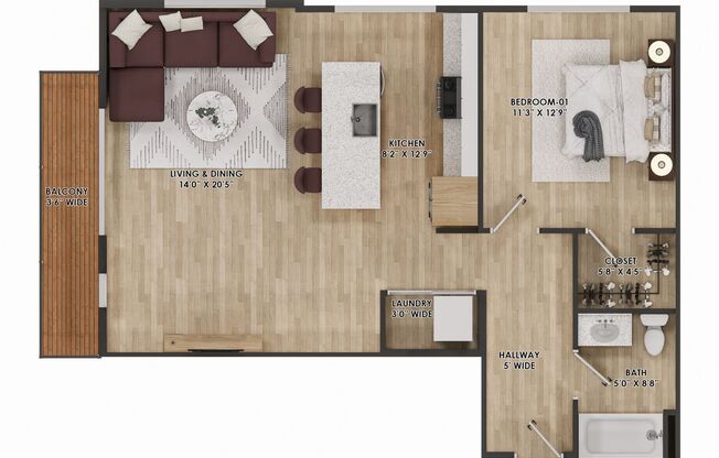 1 bed, 1 bath, 791 sqft, $2,450, Unit 518