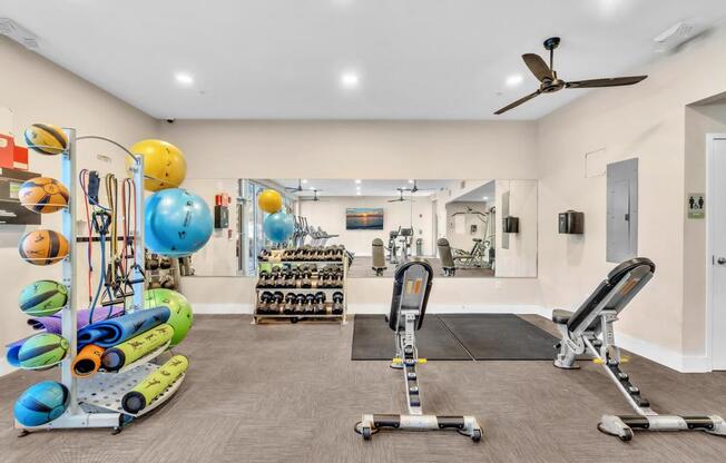 A well-equipped gym with a variety of exercise equipment.