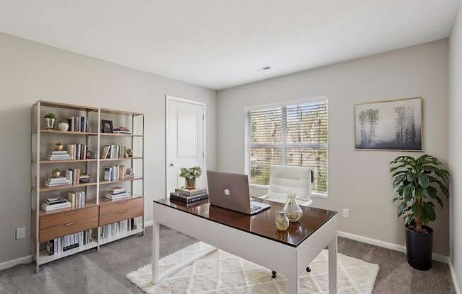 A room with a desk, a laptop, a bookshelf, and a potted plant.