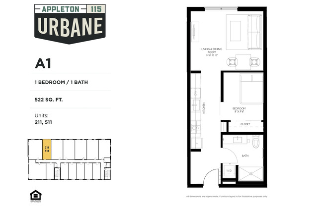 1 bed, 1 bath, 521 sqft, $1,525, Unit 411