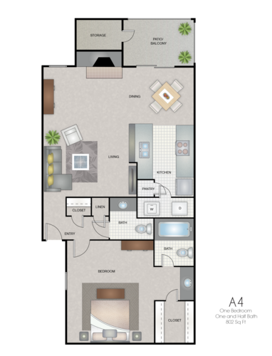 1 bed, 1.5 baths, 802 sqft, $1,156