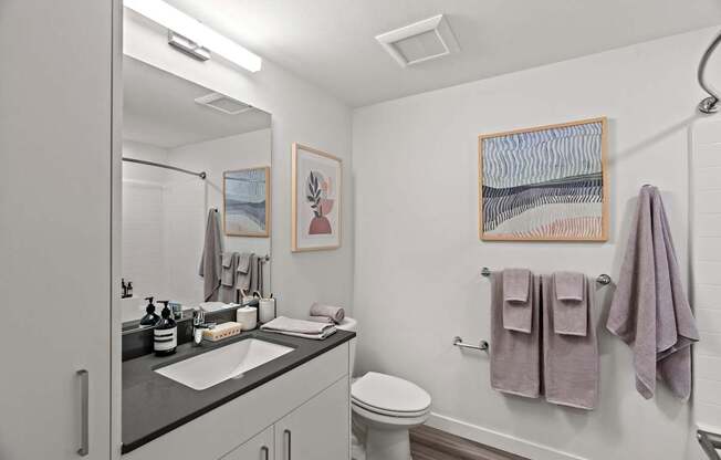 A bathroom with a toilet, sink, and towel rack.