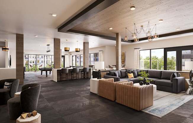 A modern living room with a large sectional sofa and a coffee table.