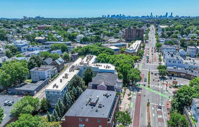 A city street with a crosswalk and a green bike lane at 7 Cameron Apartments, Cambridge, Massachusetts