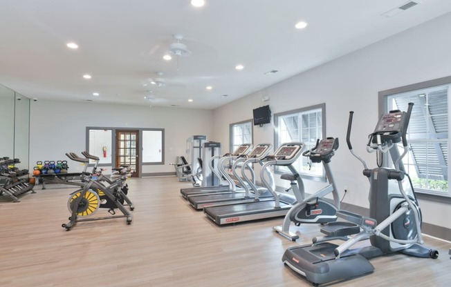 the gym is equipped with cardio equipment and weights