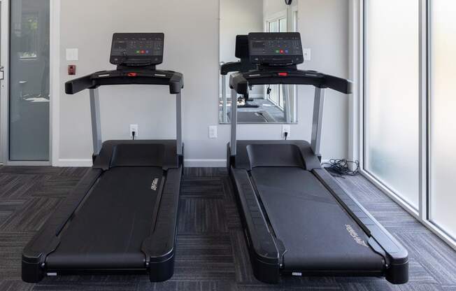 two treadmills in a fitness room with a tv