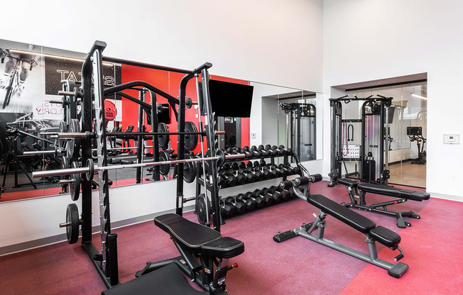 fitness center with free weights at Steelcote Square, St. Louis, Missouri