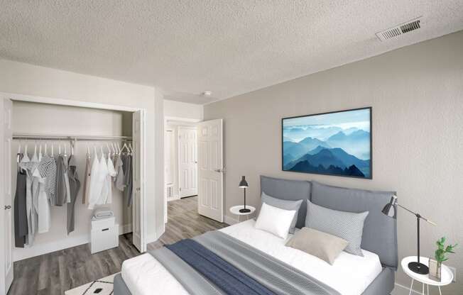 a bedroom with a bed and a closet