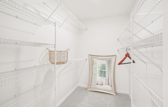 A white closet with a mirror and a basket hanging on the rack.