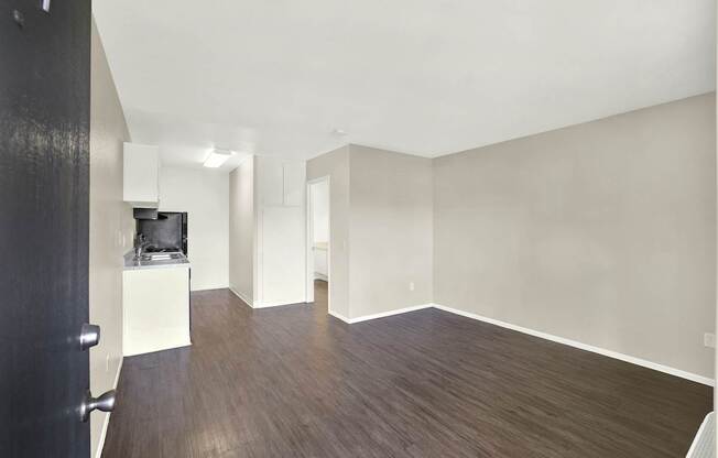 A room with a black door and a white cabinet.