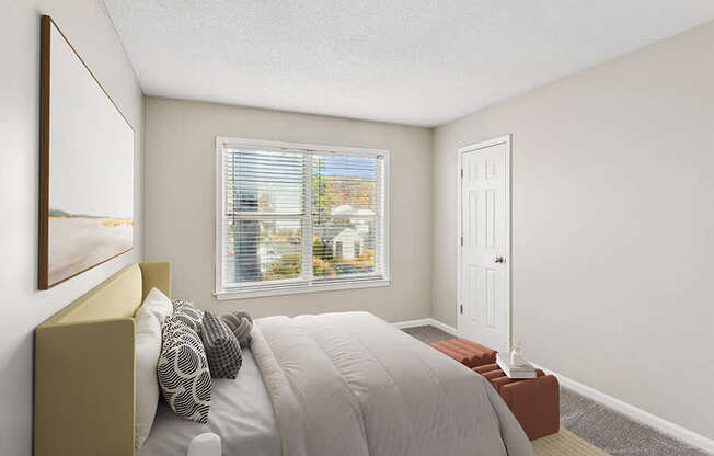 Model Bedroom with Carpet and Window View at Element 41 Apartments located in Marietta, GA.