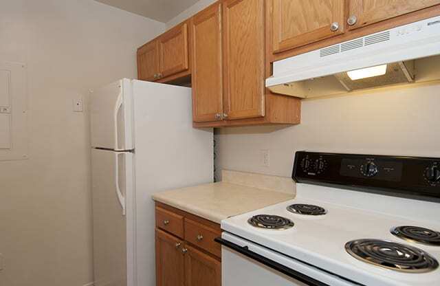 Refrigerator and stove, with above counter space