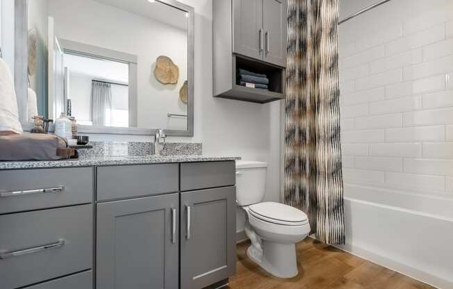 a bathroom with gray cabinets and a toilet and a shower curtain