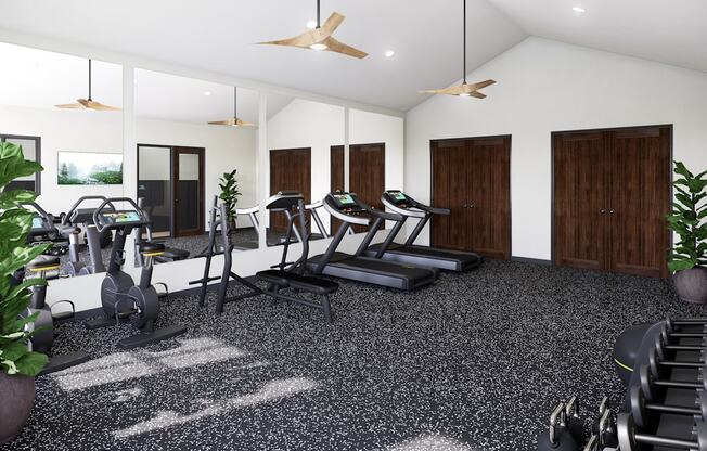 a gym with treadmills and other exercise equipment in a building with white walls