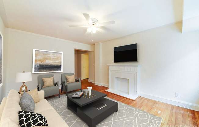 living area with sofa, coffee table hardwood floors and ceiling fan at 4031 davis place apartments in washington dc