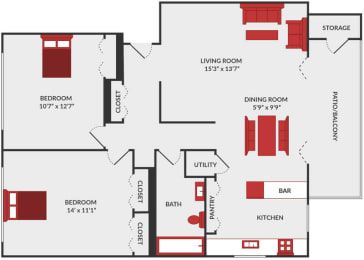 2 beds, 1 bath, 960 sqft, $1,279