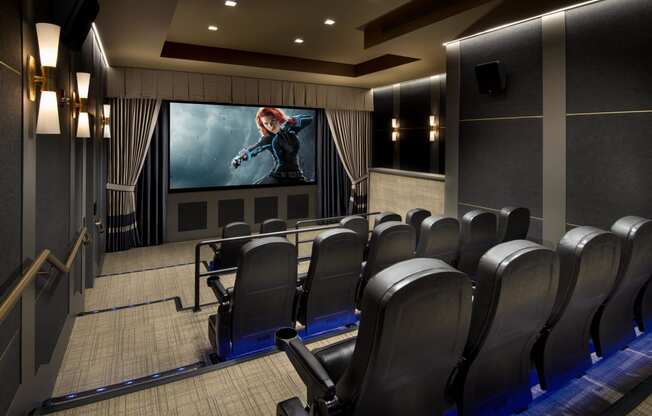 a large screening room with leather chairs and a movie screen