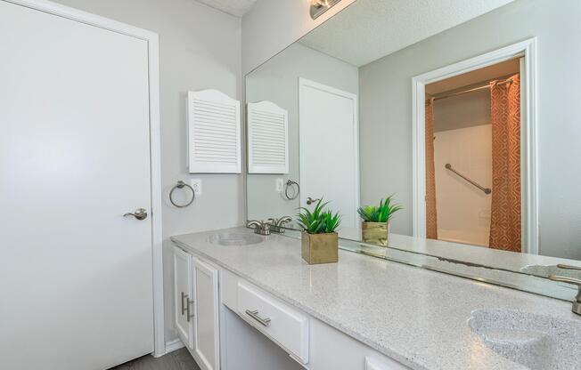 a kitchen with a sink and a mirror