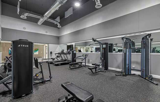 A gym with a variety of equipment including treadmills, weight machines, and a squat rack.